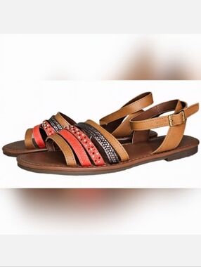 NWT American Eagle Women's Strappy Ankle Wrap Flat Sandals Coral/Tan Size 8